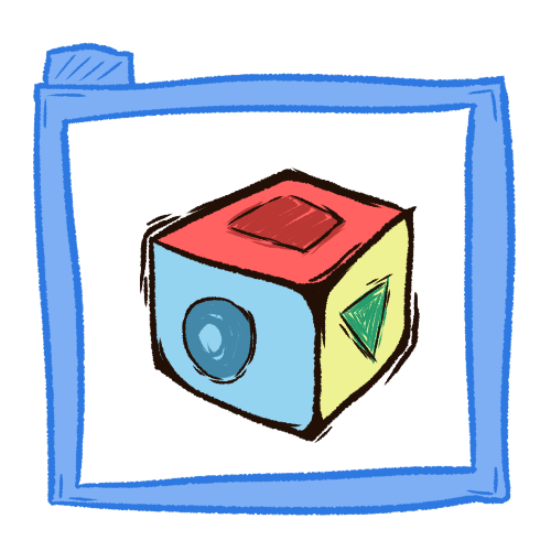 A messy drawing of a cube with red, blue, and green sides, inside of a transparent blue folder.